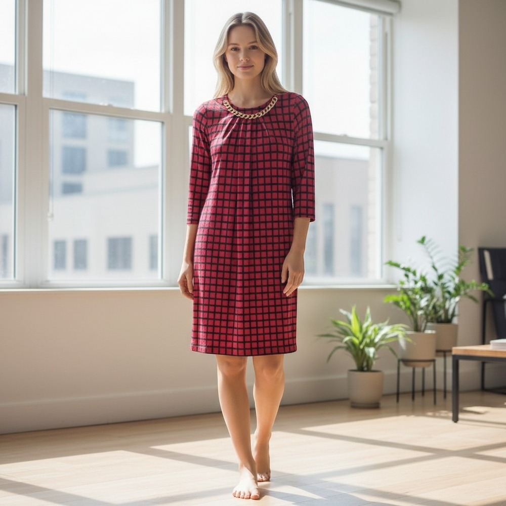 Michael Kors Shift Dress Womens S Red Navy Windowpane Chain Link Career Chic